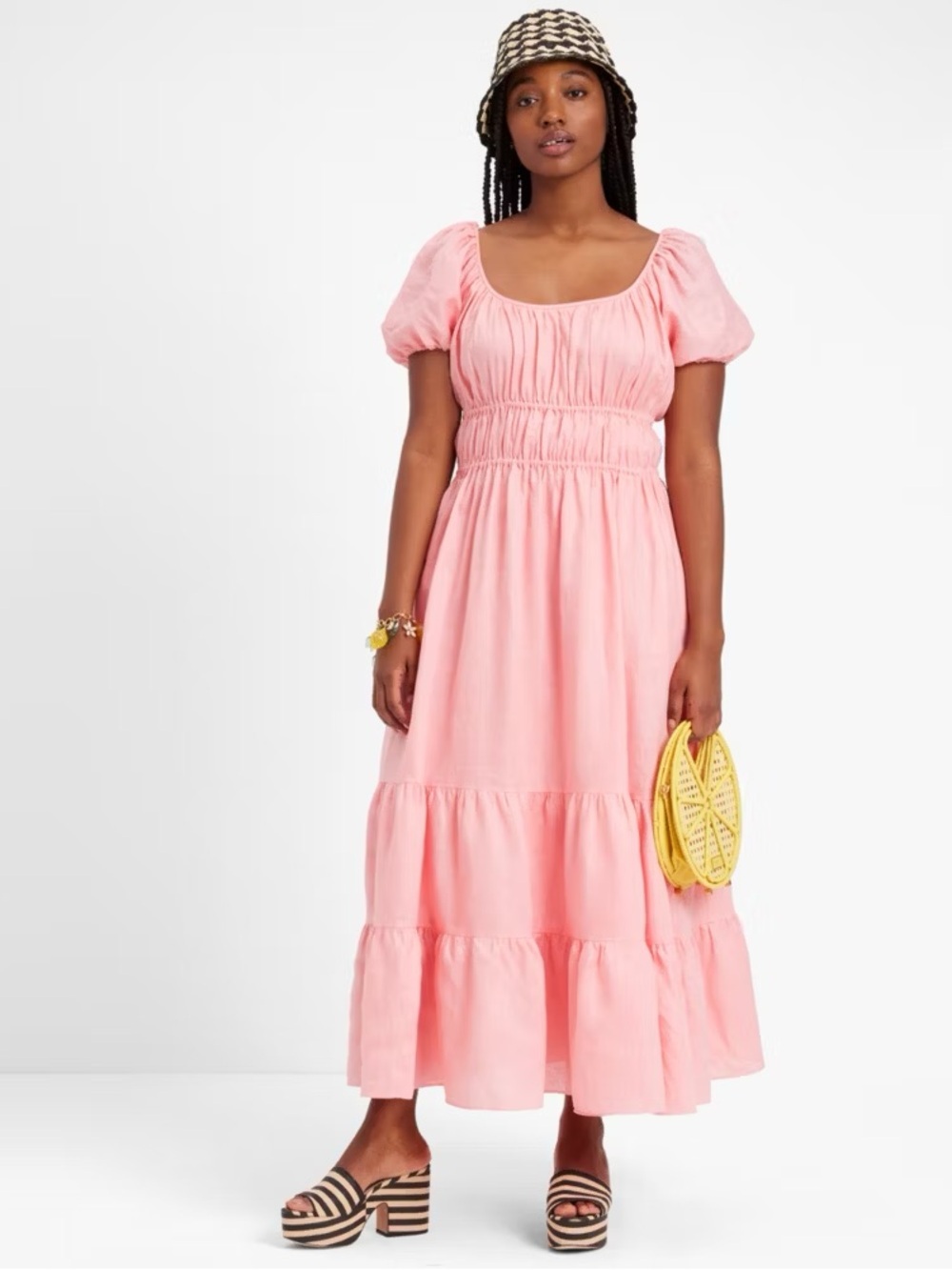 Kate Spade 100% Linen Women's Pink Puff-Sleeve Tiered Maxi Dress